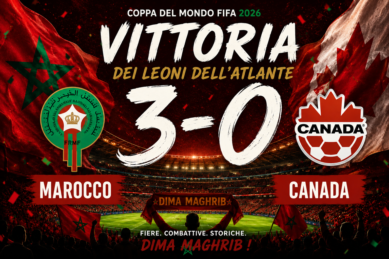 Marocco – Canada (3-0): I Leoni dell’Atlante travolgono il Canada e si regalano uno storico quarto di finale ai Mondiali 2026