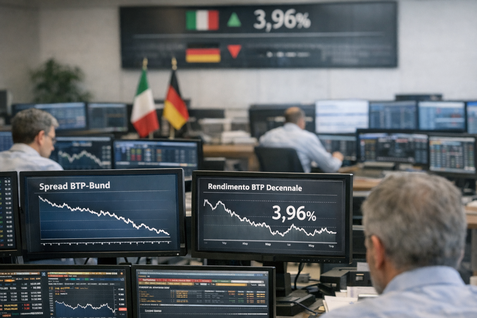 Spread in calo a 80 punti: il rendimento del decennale scende al 3,96%.jpg