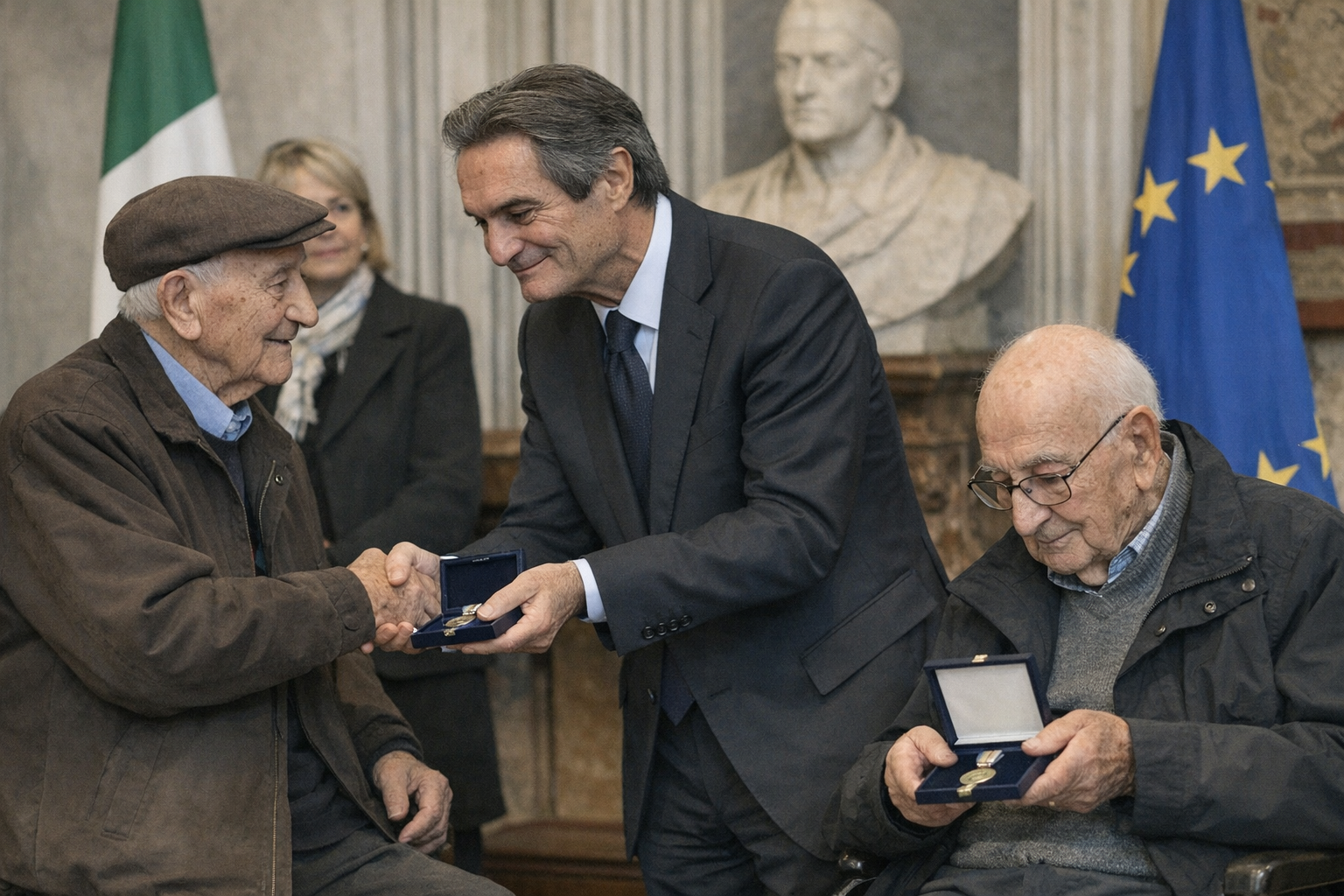 Fontana consegna le medaglie a Mario e Giancarlo, deportati per il loro ‘no’ al nazismo
