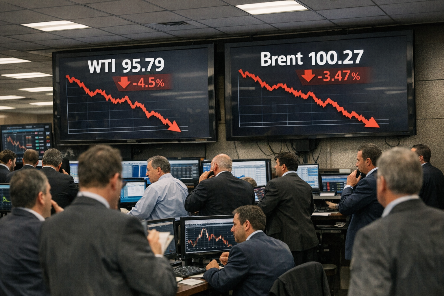 Calo deciso del petrolio: WTI -4,5% a 95,79$, Brent a 100,27$ Calo deciso del petrolio: WTI -4,5% a 95,79$, Brent a 100,27$