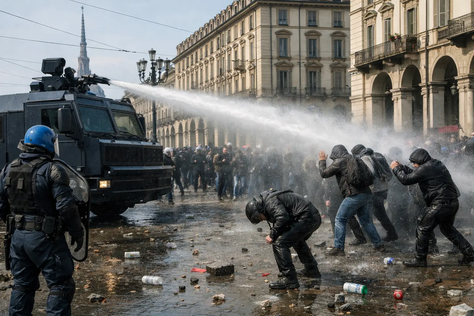 A Torino bloccato un corteo pro Pal: polizia impiega l'idrante